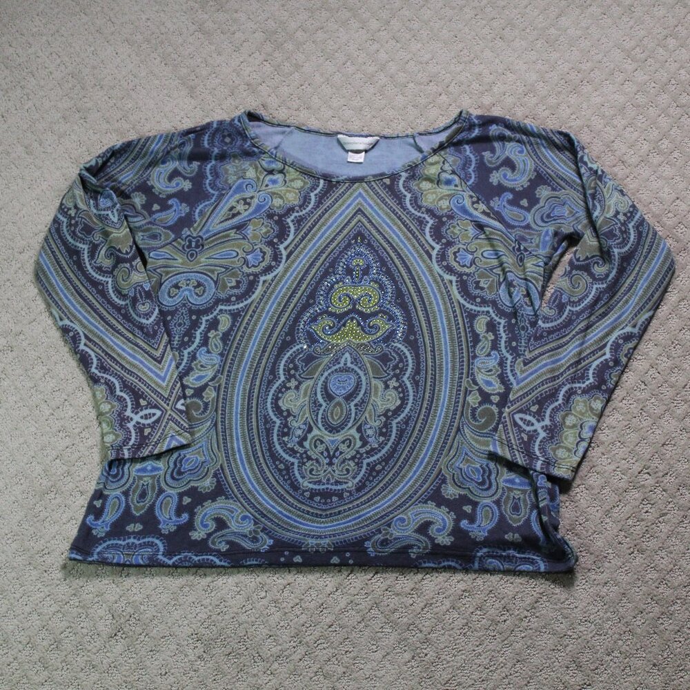 Christopher & Banks Size XL Blue Green Jewel Embellished Long Sleeve Top